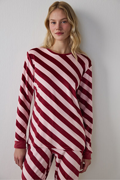 Penti Dusty Rose Winter Time Striped Crew Neck Pajama Set