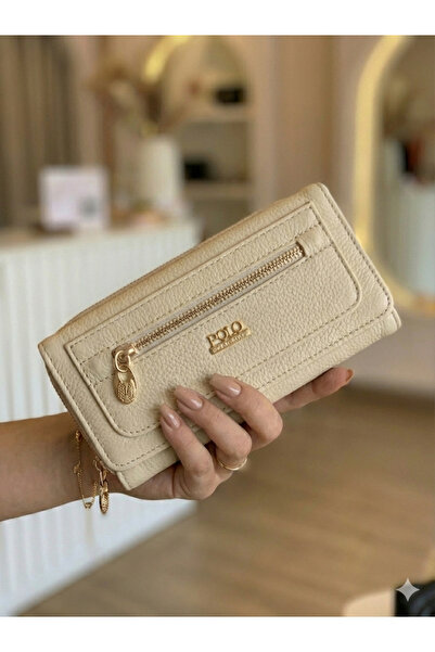 PurpleART Women's Beige Polo Embroidered Large Size Horizontal Wallet with Magnet Closure 10X19X5Cm