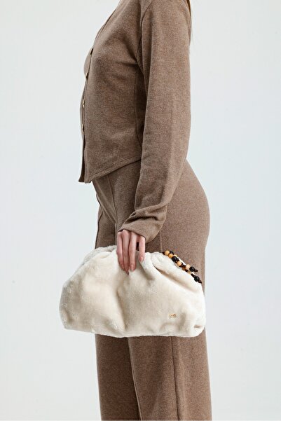 Çantacımstore Women's Drawstring Bag Off-White Plush Fur