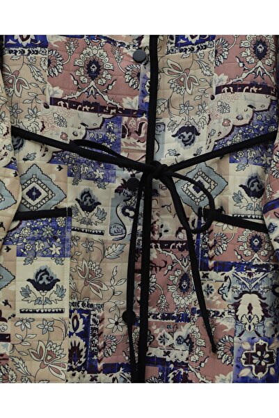 Modamorfo Ethnic Pattern Jacket with Folded Sleeves and Lace-Up Waist - Cream