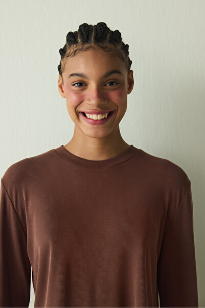 Penti Cappuccino Ribbed Modal Loose Cut Crew Neck Crop Top