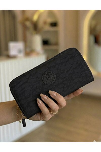 PurpleART Women's Black Crinkle Fabric Large Horizontal Wallet 10X20Cm