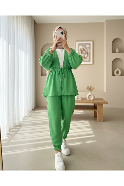 Modamorfo Elastická dvoudílná lněná souprava s kravatou v pase