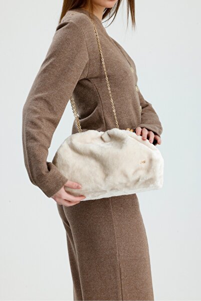 Çantacımstore Women's Drawstring Bag Off-White Plush Fur