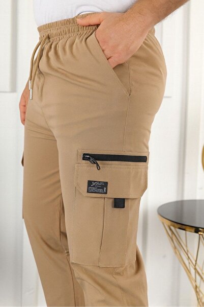 comstar Men's Cargo Pocket Zipper Detailed Jogger Cream Parachute Pants