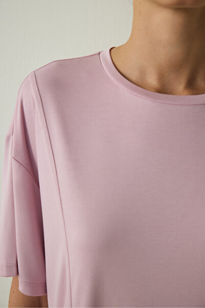 Penti Lilac Crew Neck Stitching Detailed Modal Oversize T-Shirt