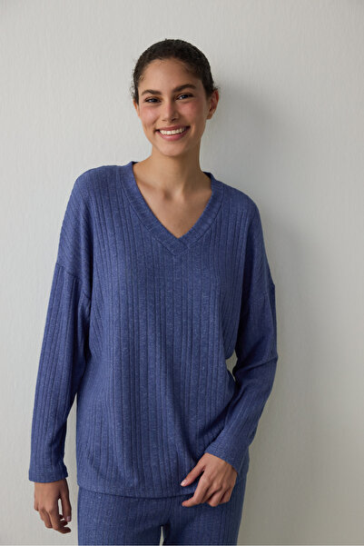 Penti Navy Blue Cozy V-Neck Long Sleeve Pajama Set