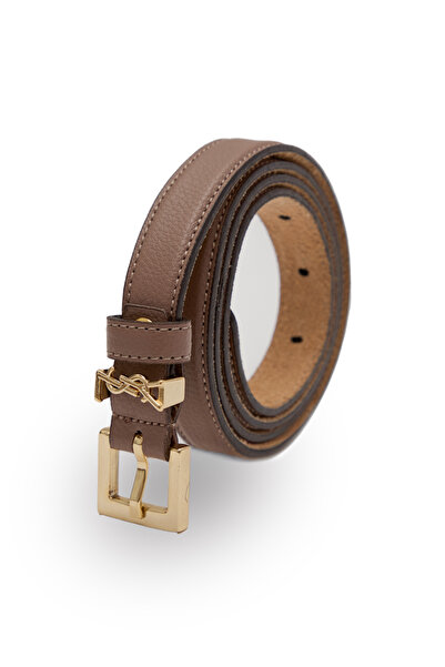 Velvoria Γυναικεία καφέ γυαλιστερή χρυσή αγκράφα με λεπτή δερμάτινη ζώνη