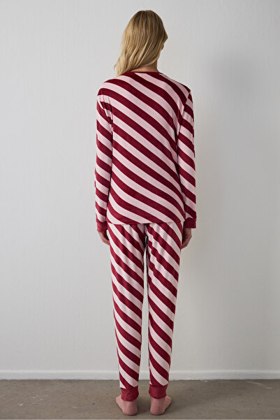 Penti Dusty Rose Winter Time Striped Crew Neck Pajama Set