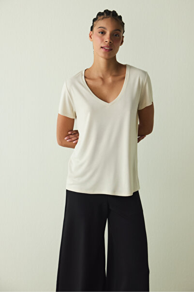 Penti Beige V-Neck Short Sleeve Modal T-Shirt