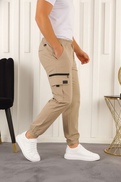 comstar Men's Cargo Pocket Zipper Detailed Jogger Cream Parachute Pants