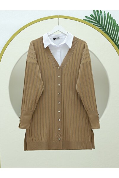 Modamorfo Metal Buttoned Slit Knitwear Cardigan -Mink