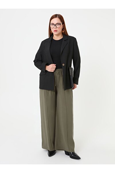 ALİA Ribbed Elastic Waist Plus Size Trousers - Khaki -