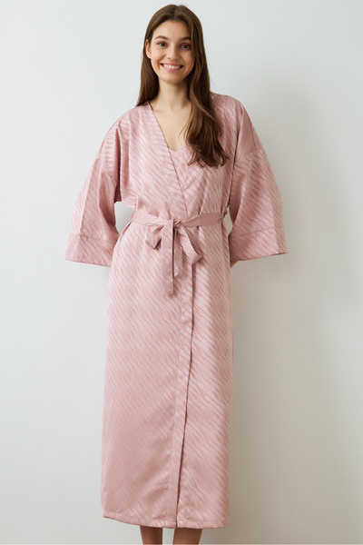 Penti Dusty Rose Emma Zebra Patterned Satin Long Sleeve Dressing Gown