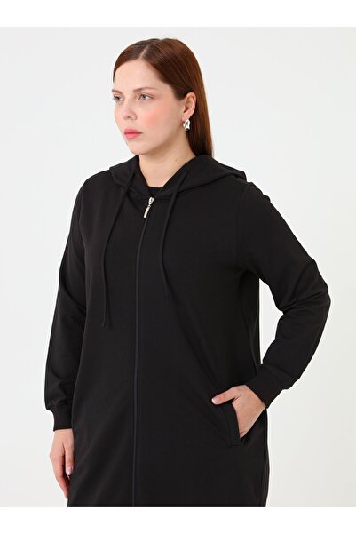 ALİA Large Size Hooded Zipper Pocket Detailed Black Cap - Black - Alia