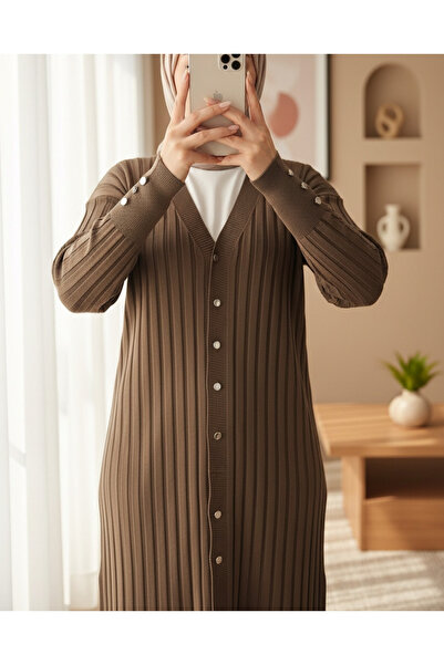 Modamorfo Brown Colored Metal Buttoned Slit Sweater Cardigan