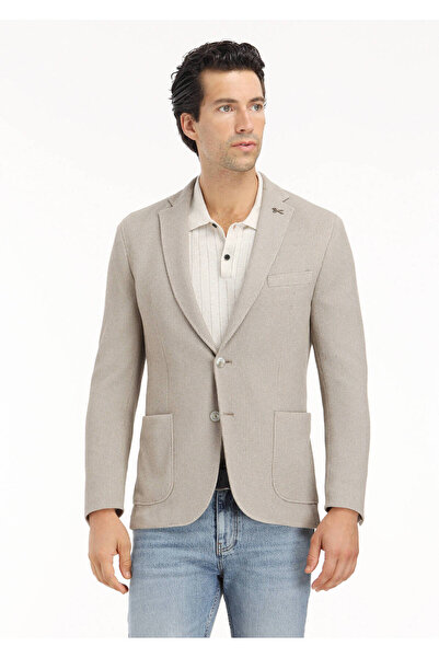 Ramsey Beige Patterned Shirt Shoulder Slim Fit Cotton Blend Knitted Jacket