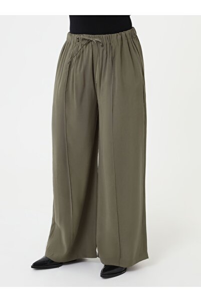 ALİA Ribbed Elastic Waist Plus Size Trousers - Khaki -