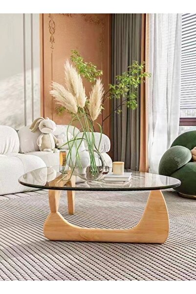 C&C Home Mid-Century Abstract Triangular Coffee Table with Solid Wood Frame & Glass Top 91x65x40 cm