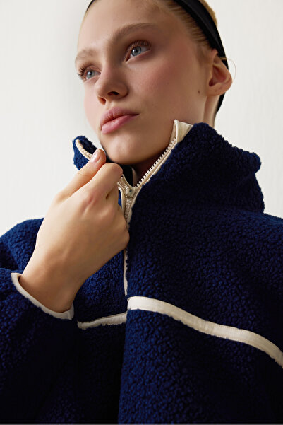 Penti Indigo Thermal Effect Contrast Detailed Fleece D Mock Neck Jacket