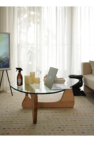 C&C Home Mid-Century Abstract Triangular Coffee Table with Solid Wood Frame & Glass Top 91x65x40 cm