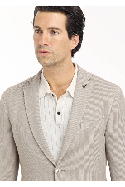 Ramsey Beige Patterned Shirt Shoulder Slim Fit Cotton Blend Knitted Jacket