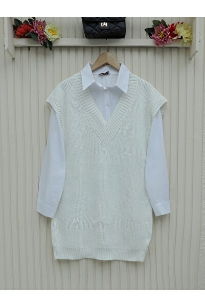 Modamorfo V-подібний виріз, ребристий принт, довгий светр - білий