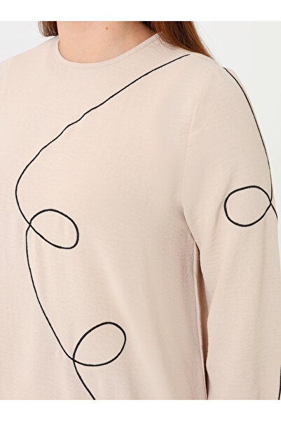 ALİA Contrast Piping Detailed Crew Neck Plus Size Suit - Stone -