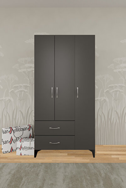 AYMOBSAN Mavera 3 Kapaklı 2 Çekmeceli Gardrop, Antrasit, 90 cm