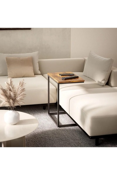 Raffine C Shaped Couch Laptop End Side Table with Wood Top & Metal Frame