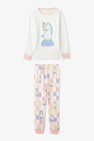 Penti Off-White Girls' Chessicorn Unicorn Patternedlong Sleeve Pajama Set