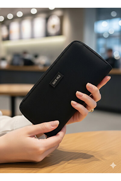 PurpleART Women's Black Printed Zipper Polo Embroidered Large Size Horizontal Wallet 10X20Cm