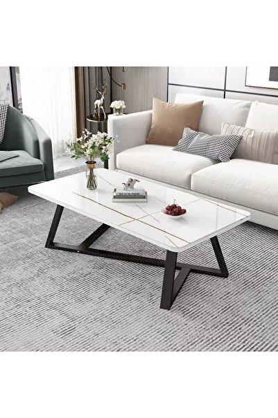 C&C Home Coffee Table Rectangular High-End Sofa Table Marble Table Top with Matt Black Metal Frame
