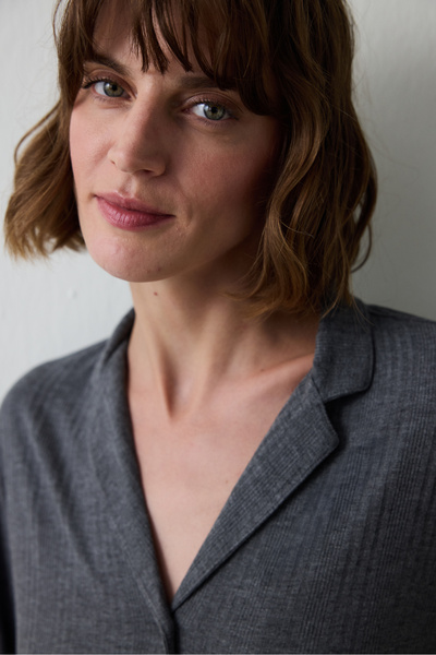 Penti Šedá melanžová žebrovaná košile s límečkem a dlouhým rukávem pyžamový set