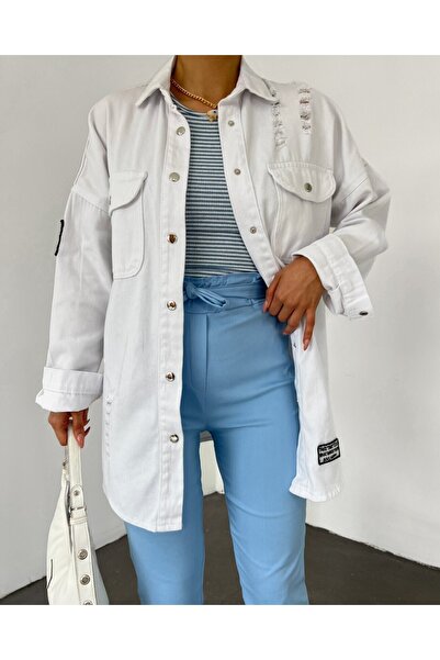 Modamorfo Double Pocket Denim Jacket with Snap Fasteners - White