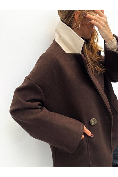 LOKADI Kadın Tek Düğme Kaşe Oversize Ceket