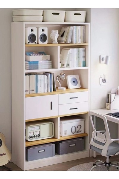 Raffine Modern Multi-Tier Wooden Bookshelf with Drawers and Cabinet, 102x24x181 cm