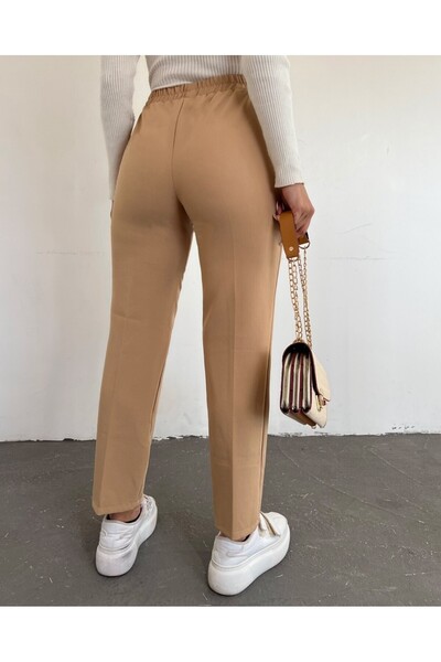 Modamorfo Light Mink - Double Pocket Trousers with Lacing Detail and Elastic Waist