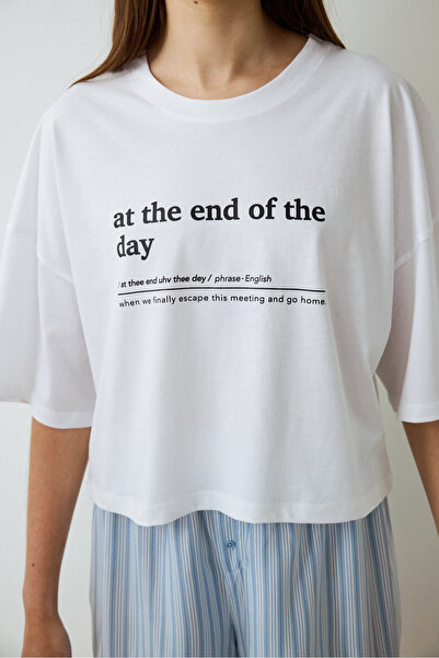 Penti Bavlněný pyžamový top s potiskem a sloganem v bílé barvě Lilah Crew Neck