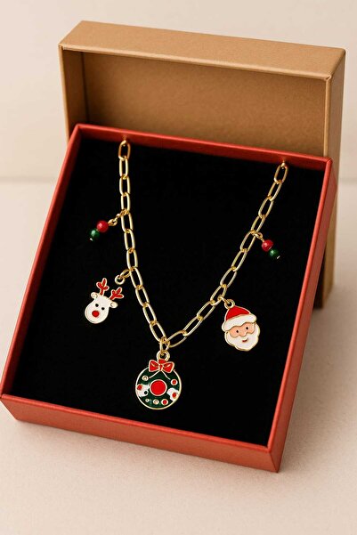 BESMYAR JEWELS 3 Lü Charmlı Boncuklu Yılbaşı Temalı -Gold Renk Zincir-Noel Baba Eldiven Çam Ağacı Charmlı Kolye