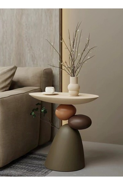 Raffine Modern Scandinavian Resin Side Table - Stone Carved Round Tray Top, 51x29x50 cm