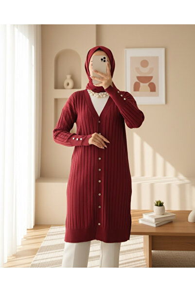 Modamorfo Metal Buttoned Slit Sweater Cardigan -Red