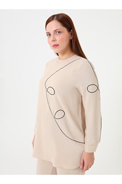 ALİA Contrast Piping Detailed Crew Neck Plus Size Suit - Stone -