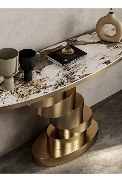 C&C Home Modern Gold Console Table, Geometric Pedestal with Marble Top - 120x35x85 cm