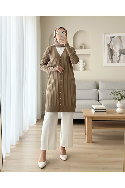 Modamorfo Metal Buttoned Slit Knitwear Cardigan -Mink