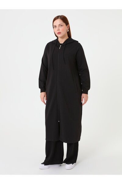 ALİA Large Size Hooded Zipper Pocket Detailed Black Cap - Black - Alia