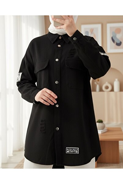 Modamorfo Double Pocket Denim Jacket with Snap Fastener Detail - Black