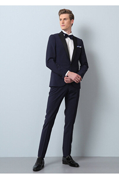 Ramsey أزرق بلون الكوبالت بدلة سموكن منسوجة بياقة قصة ضيقة بأزرار على الجهتين...