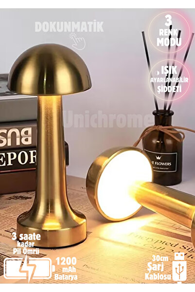 Unichrome Metal Dokunmatik Mantar Masa Lambası 3 Işık Renkli Şarjlı Masa Lambası Gold