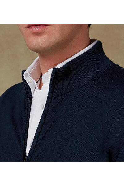 Abbate Seta Knitted Fabric Cotton Modern Fit Navy Blue Mock Neck Men's Plain Knitwear